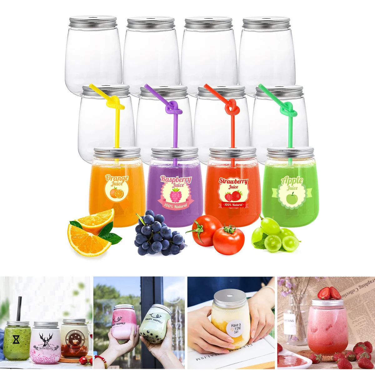 17 Oz Plastic Juice Bottles with Lid and Straws 1