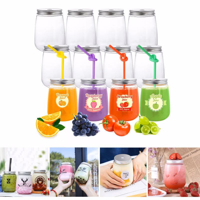 17 Oz Plastic Juice Bottles with Lid and Straws