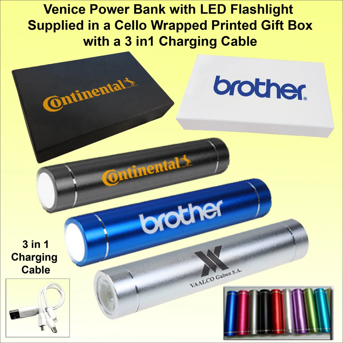 Venice Power Bank with LED Flashlight, 2600 mAh, in a Printed Gift Box with a 3 in 1 Charging Cable 1