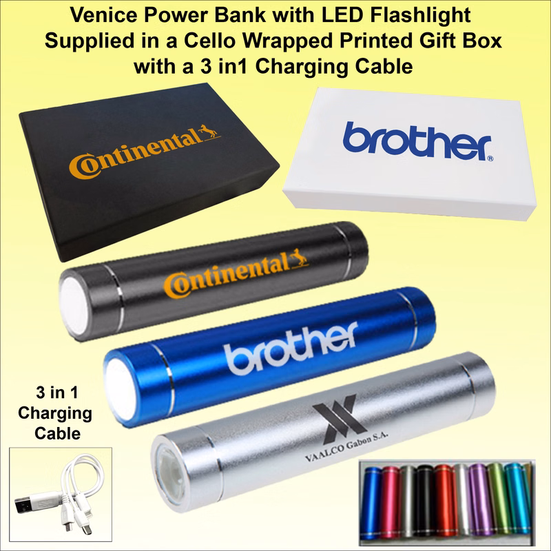 Venice Power Bank with LED Flashlight, 2000 mAh, in a Printed Gift Box with a 3 in 1 Charging Cable