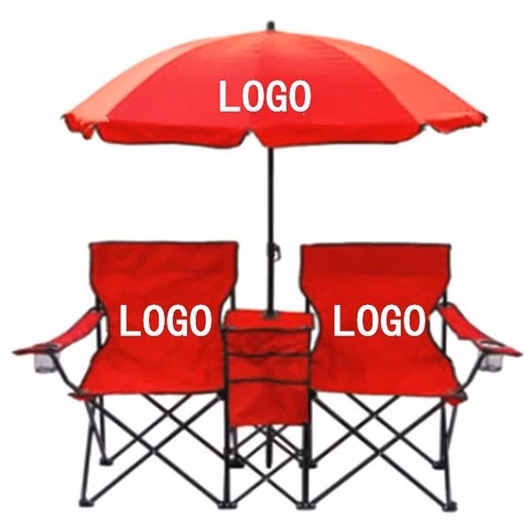Double Folding Beach Chair with Umbrella and Cup Holder