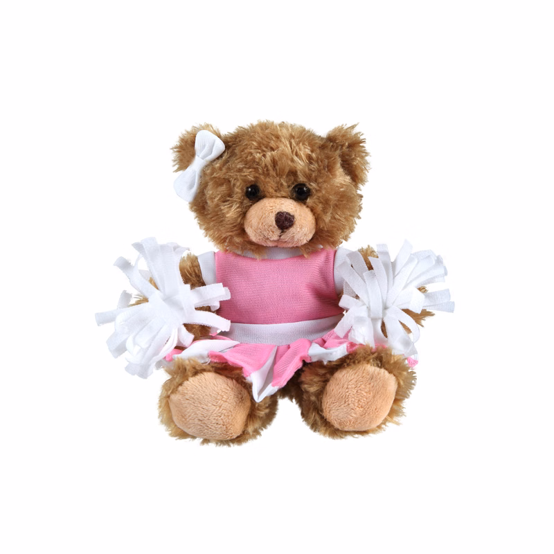 soft plush Mocha Curly Sitting Bear  with cheerleader outfit