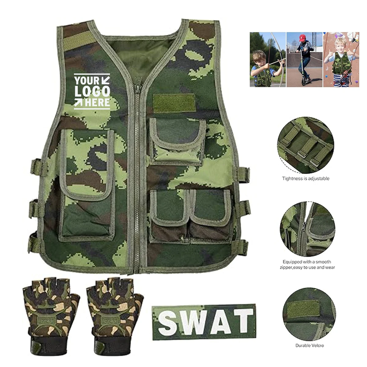 Outdoor Sports Kids Tactical Vest Army Combat Vest with Half Finger Short Gloves 1