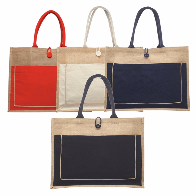 Two Tone Cotton Pocket Jute Tote Bag