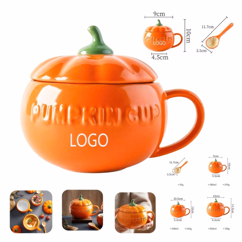 10O ZPumpkin Water Cup Ceramic spoon with Lid  Breakfast Mug