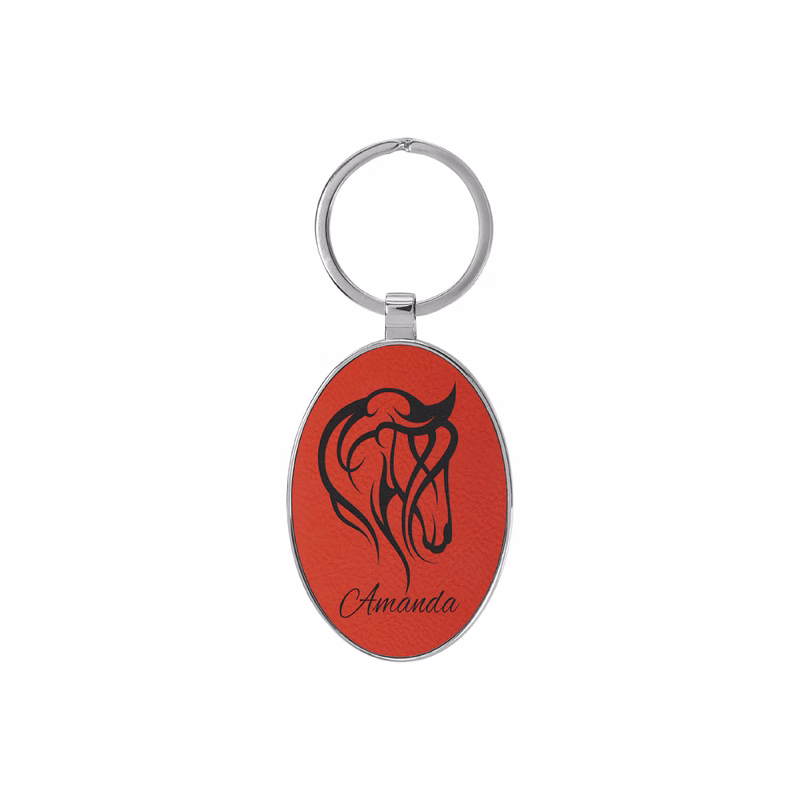 Red Leatherette/Metal Oval Keychain