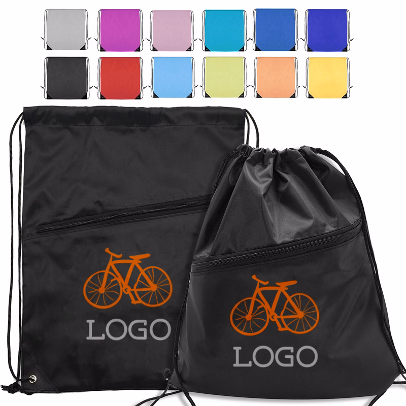 MOQ 100 Polyester Drawstring Backpack with Front Zipper