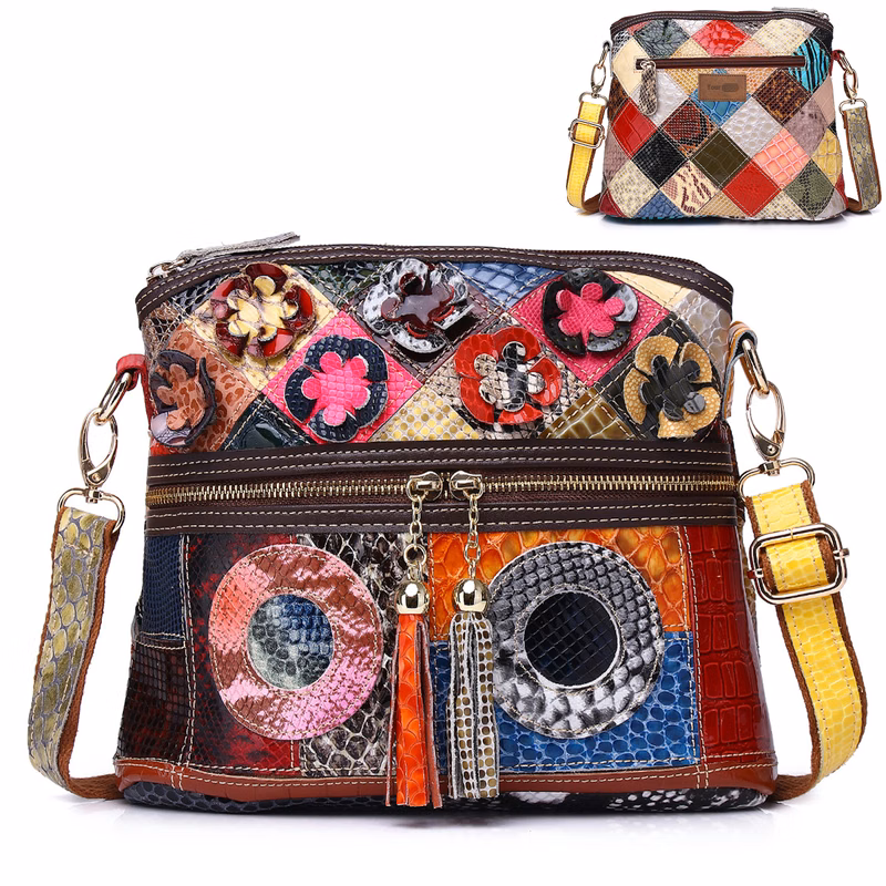 Genuine Leather Contrasting hand-fringed floral paneling bag