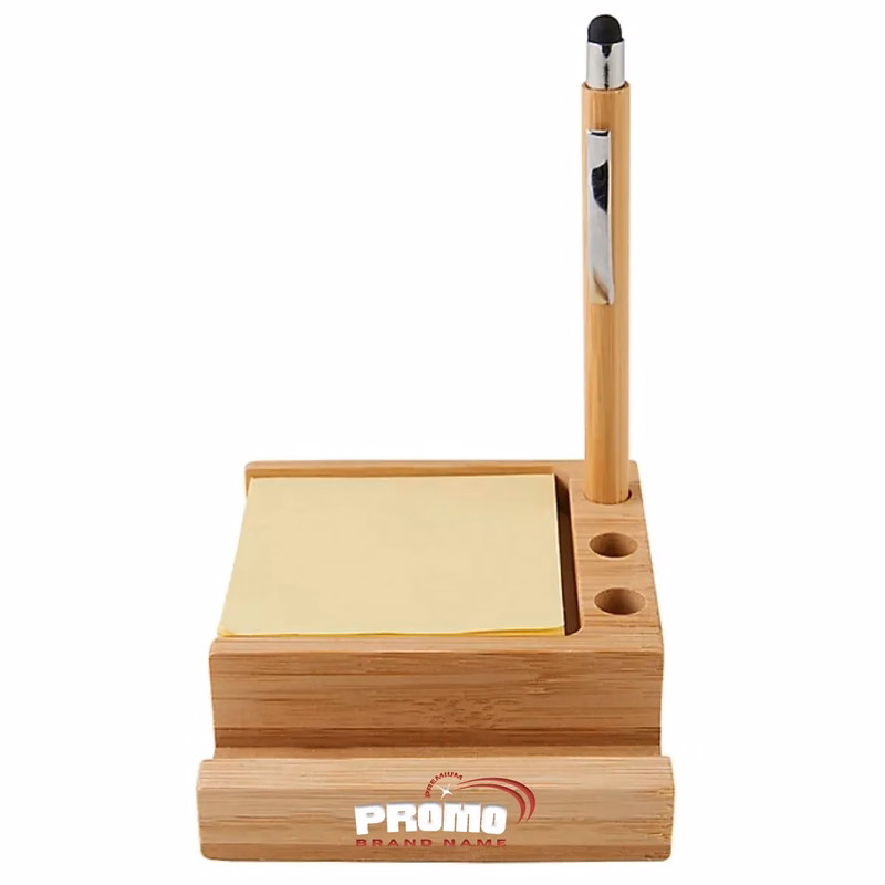 FSC Bamboo Sticky Note Dispenser with Pen Phone Desk Holder