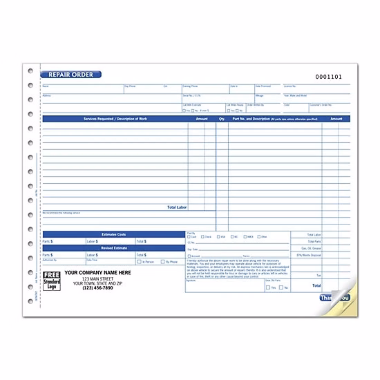 Repair Orders With Key Tag, Carbonless
