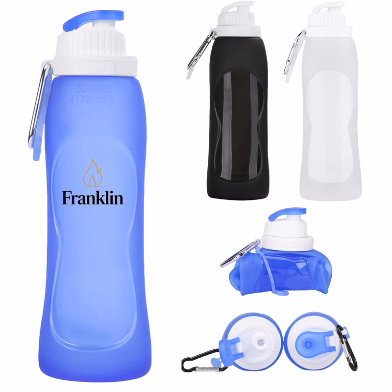 MOQ 20 Foldable Platinum Silicone Water Bottle W/ Hook