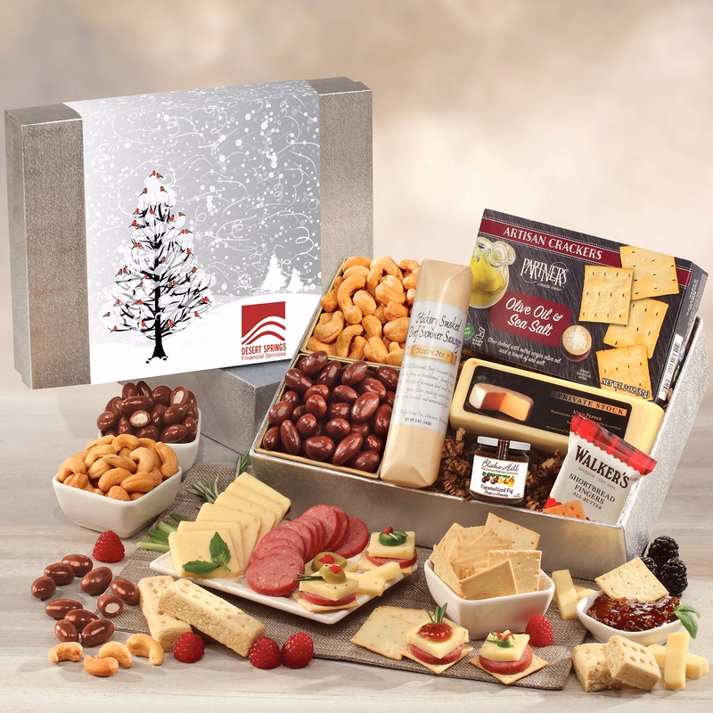 Shelf Stable Snacking Smorgasbord with Cardinals in Tree Sleeve