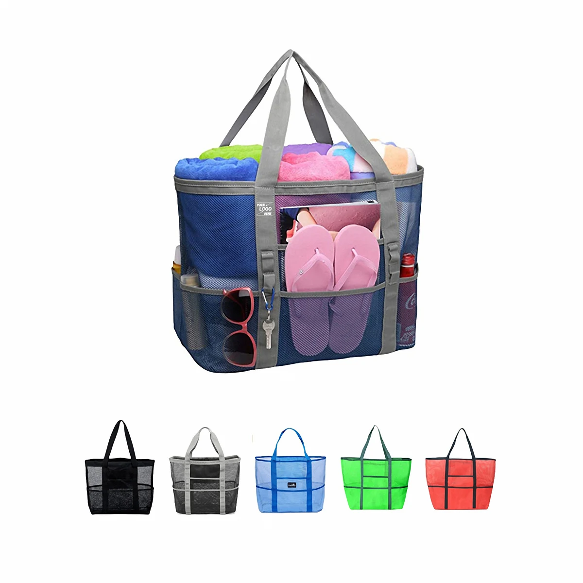 Large Beach Mesh Tote Bag for Sand and Water, custom tote bag with logo imprint 1
