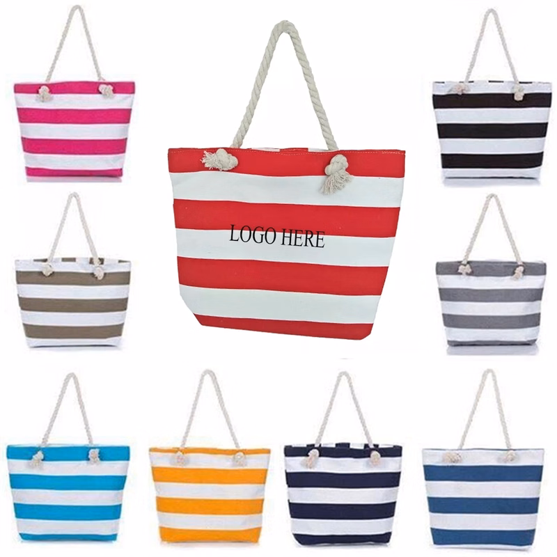 Striped Canvas Beach Tote Bag With Zipper