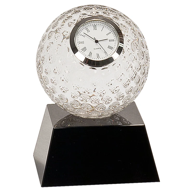 5 Inch Clear Crystal Golf Ball Clock With Black Pedestal Base 1