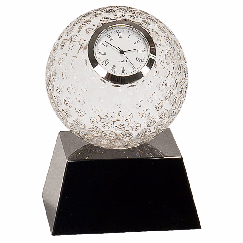 5 Inch Clear Crystal Golf Ball Clock With Black Pedestal Base