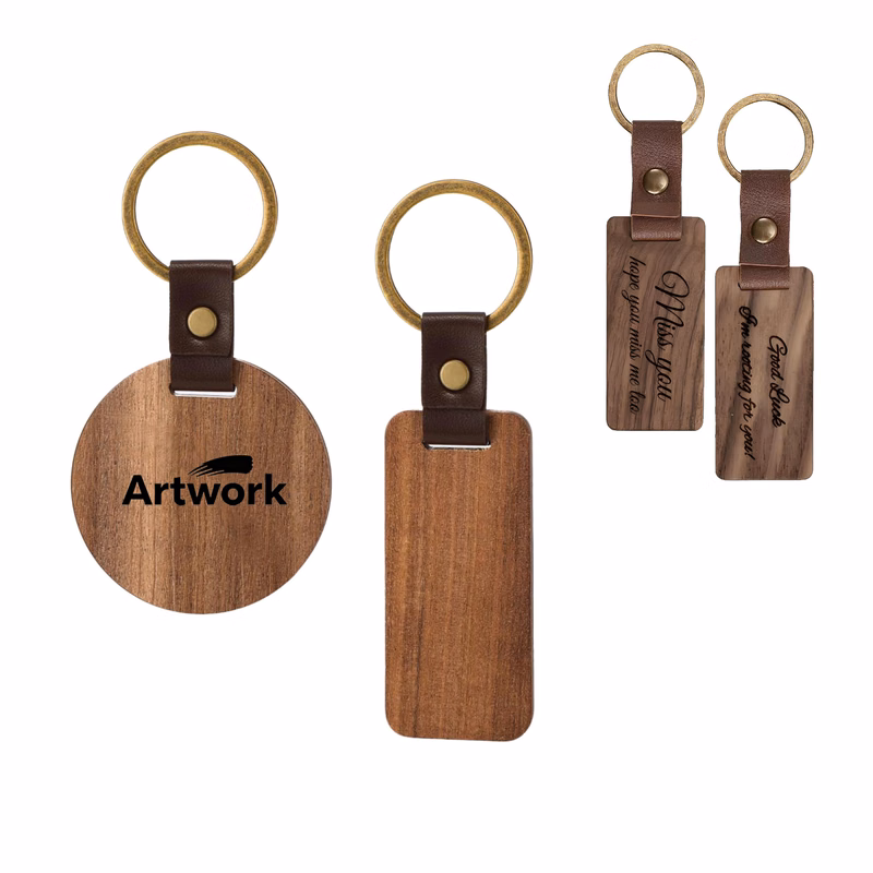 Leather - Strapped Wooden Keychain