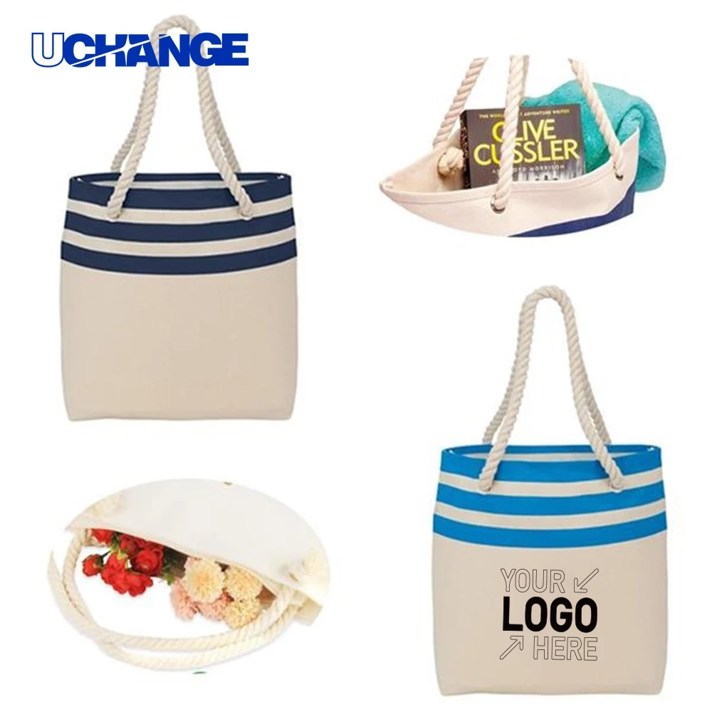 Stripe Canvas Tote Bag with Cotton Rope Handle, custom tote bag with logo imprint 1
