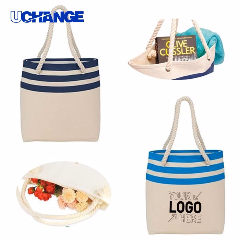 Stripe Canvas Tote Bag with Cotton Rope Handle
