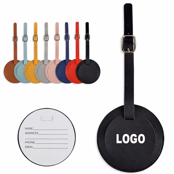 Custom PU Leather Round Luggage Tag with ID Holder and Privacy Flap — Travel Gift