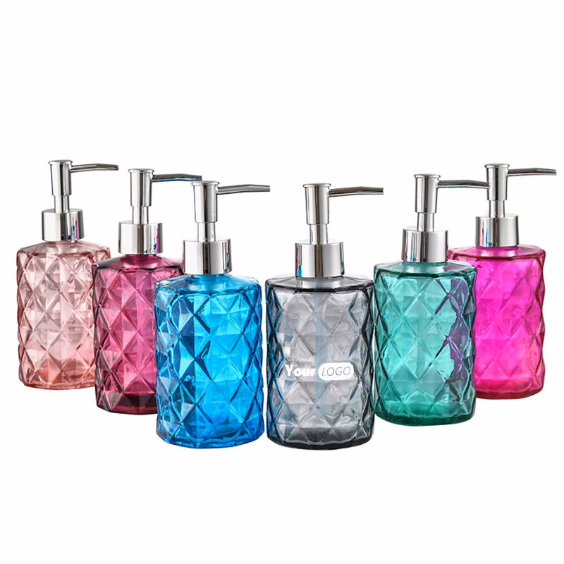 11 oz Stylish Blue Glass Soap Dispenser Geometric Pattern