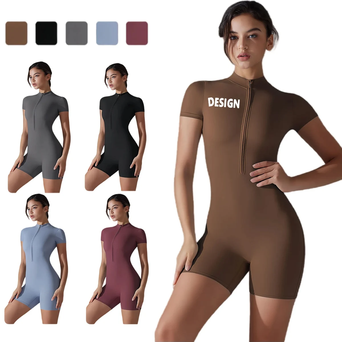 Flexible Compression Front Zip Short Sleeve Jumpsuit 1