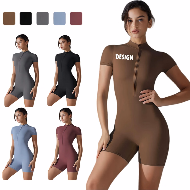 Flexible Compression Front Zip Short Sleeve Jumpsuit