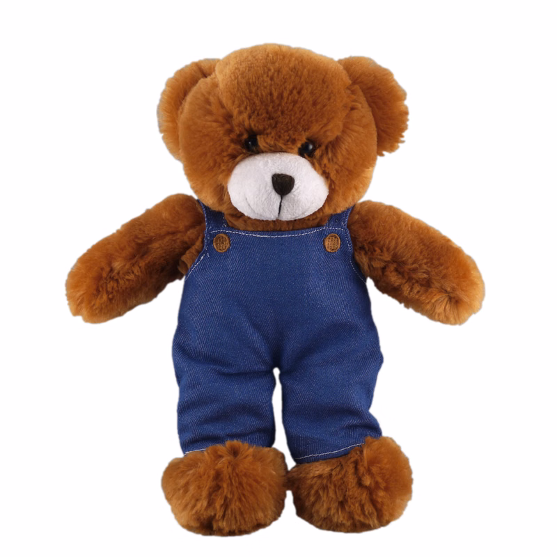 Soft Plush Stuffed Mocha Teddy Bear in denim overall.