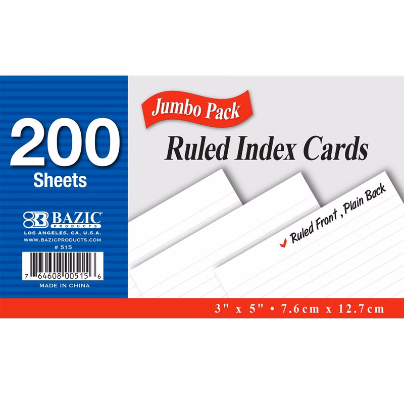 Ruled Index Cards - 3" x 5" 200 Count White