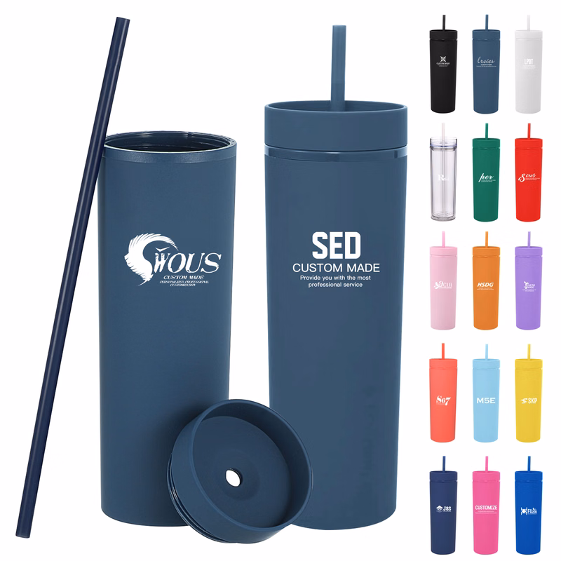 Double-layered Plastic Straight Cup With Straw