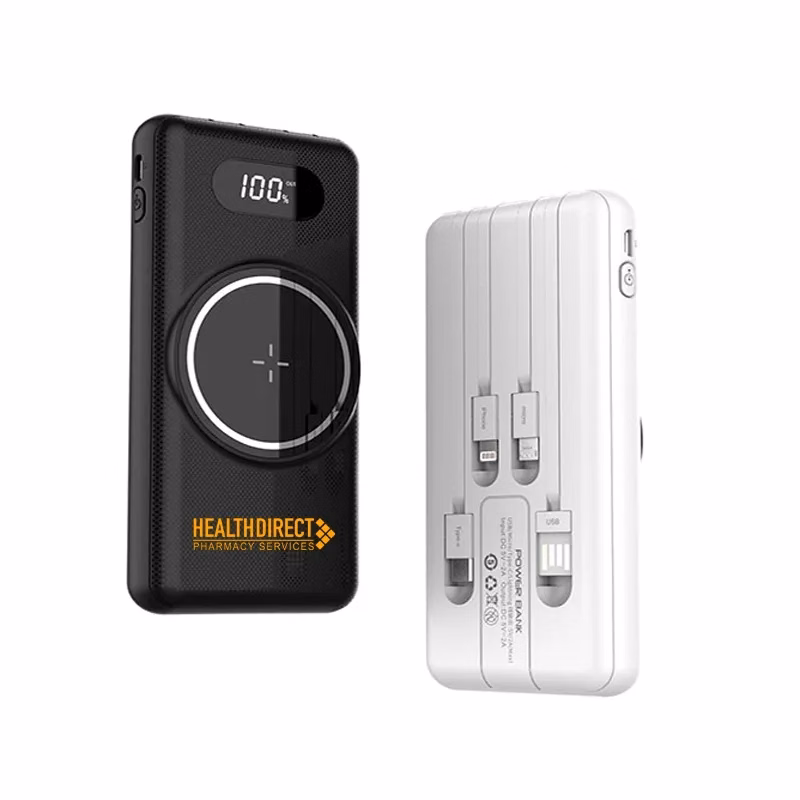 10000mAh Wireless Power Bank with Built-In Cables
