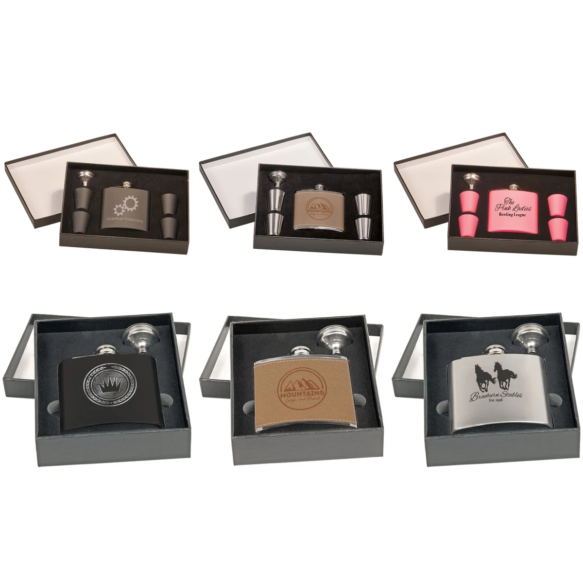 6 oz. Stainless Steel Laser Engravable Flask Set with Shot Glasses in Presentation Box 1