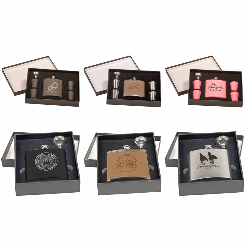 6 oz. Stainless Steel Laser Engravable Flask Set with Shot Glasses in Presentation Box