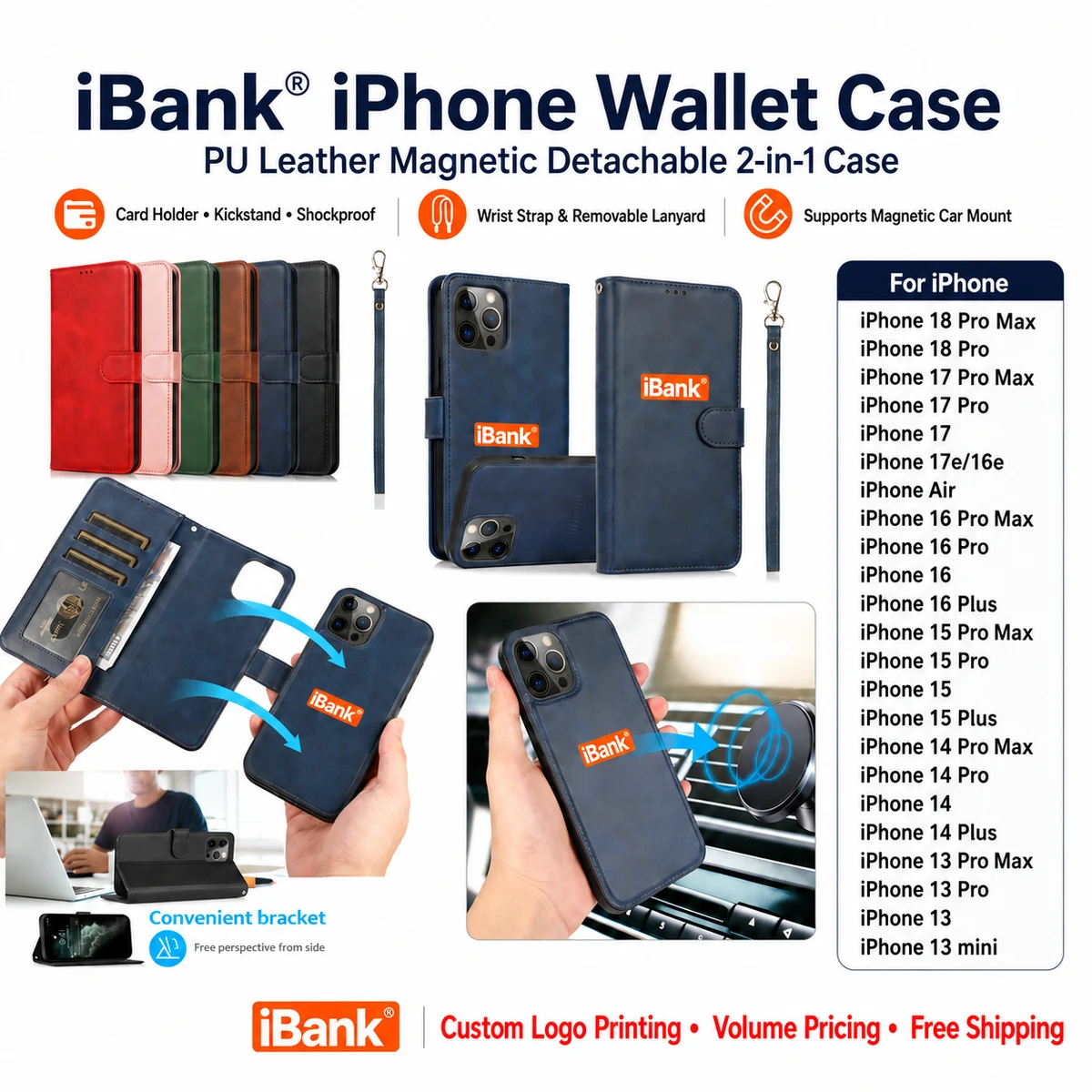 iBank ® Detachable Magnetic Leatherette Case For iPhone 18/17/16/15/14 Pro Max Air 1