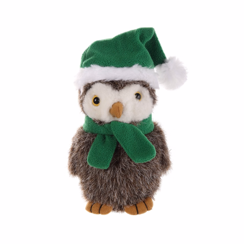 Soft Plush Sitting Owl With Christmas Scarf and Hat