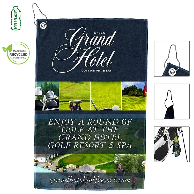 "THE IRON" Full Color Sublimation Recycled RPET 300 GSM Golf Towel with Metal Grommet and Clip - 12" 1