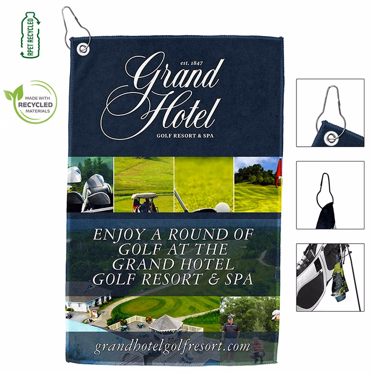 "THE IRON" Full Color Sublimation Recycled RPET 300 GSM Golf Towel with Metal Grommet and Clip - 12"