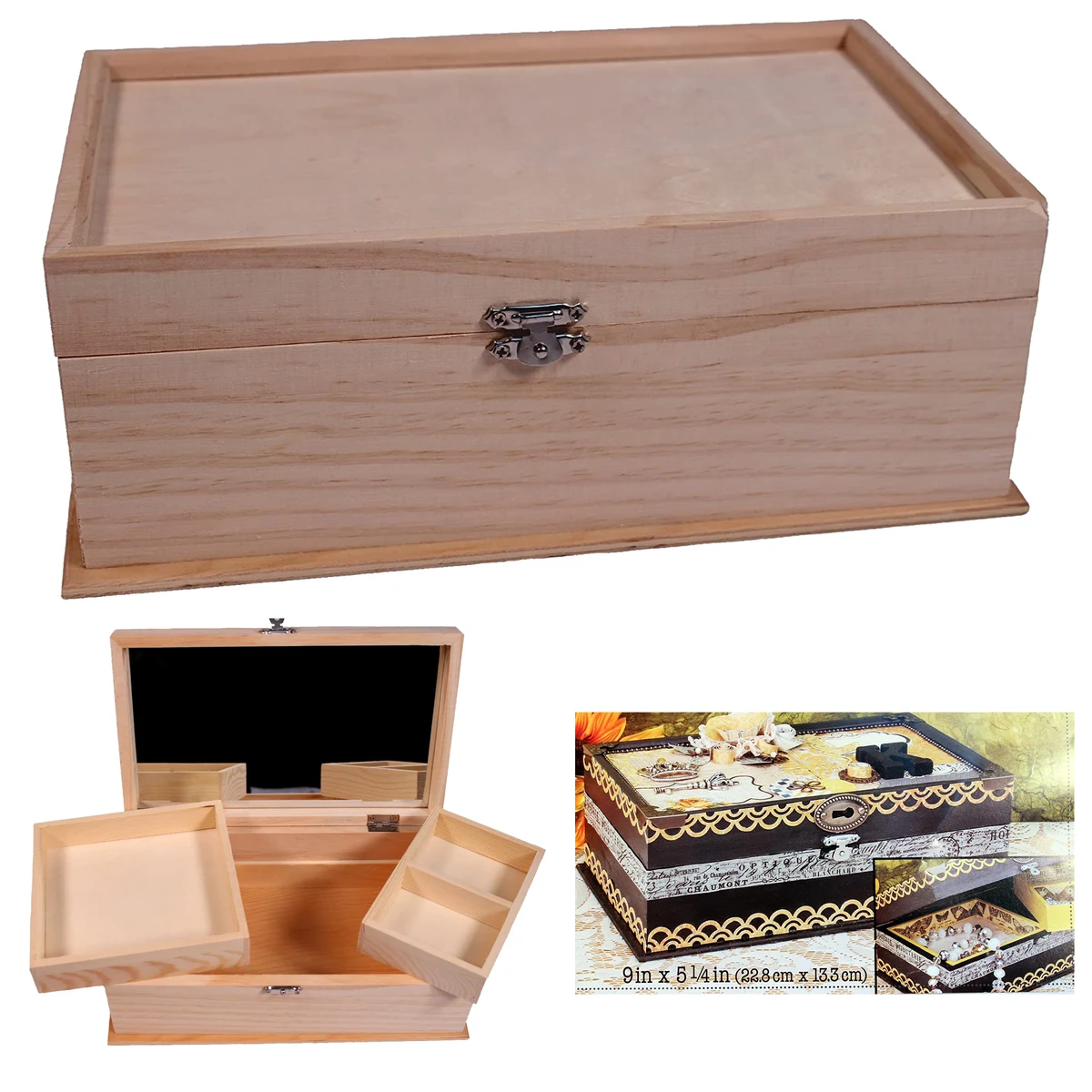 10.25 x 6 x 3.75 Inches Unfinished Wood Jewelry Box with Mirror Removable Compartments 1