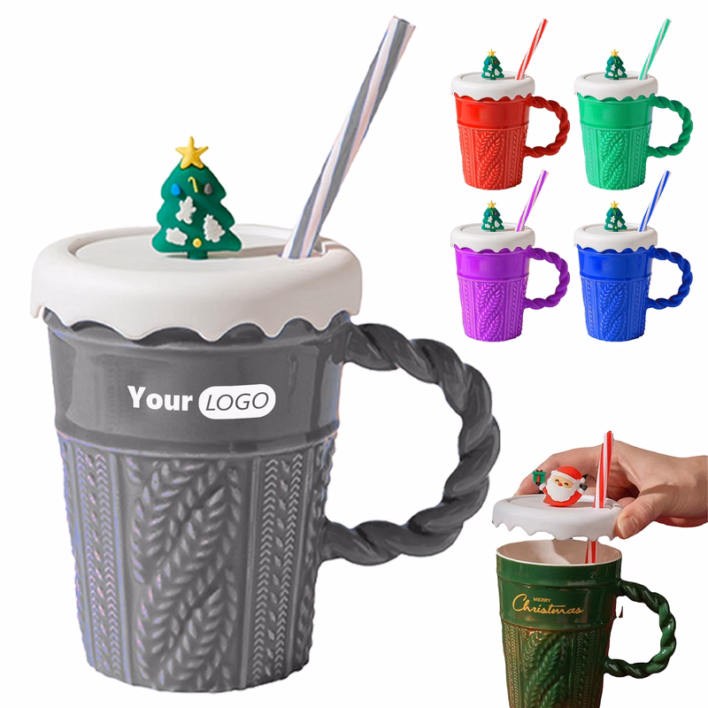 Ceramic Colorful Christmas Mug With Festive Lid And Drinking Straw