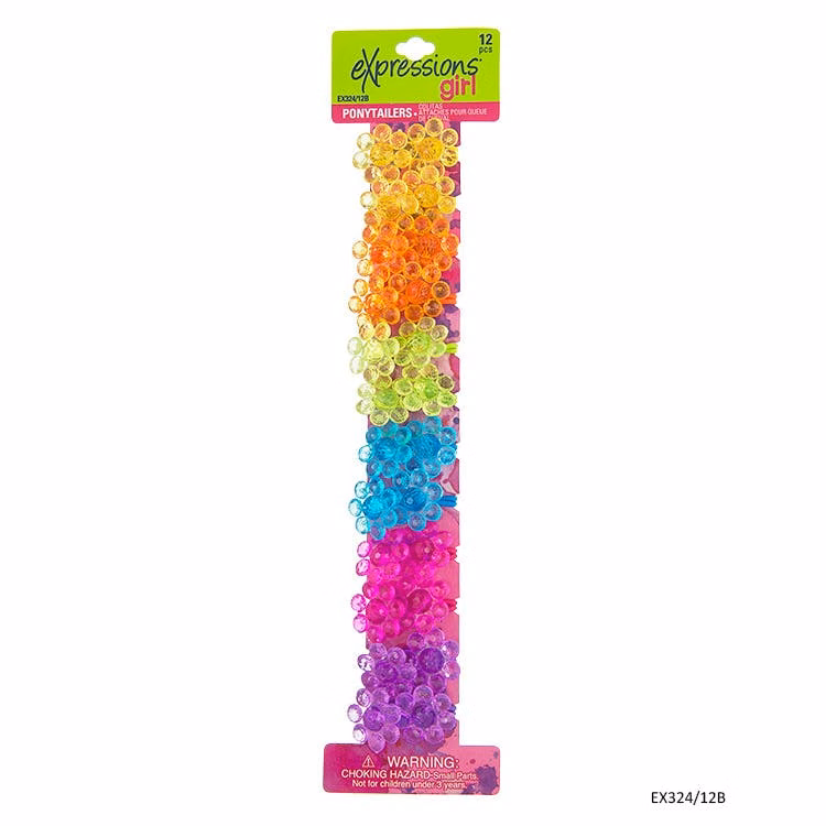 Flower Twin Bead Ponytail Holders - 12 Pack Assorted Colors Durable