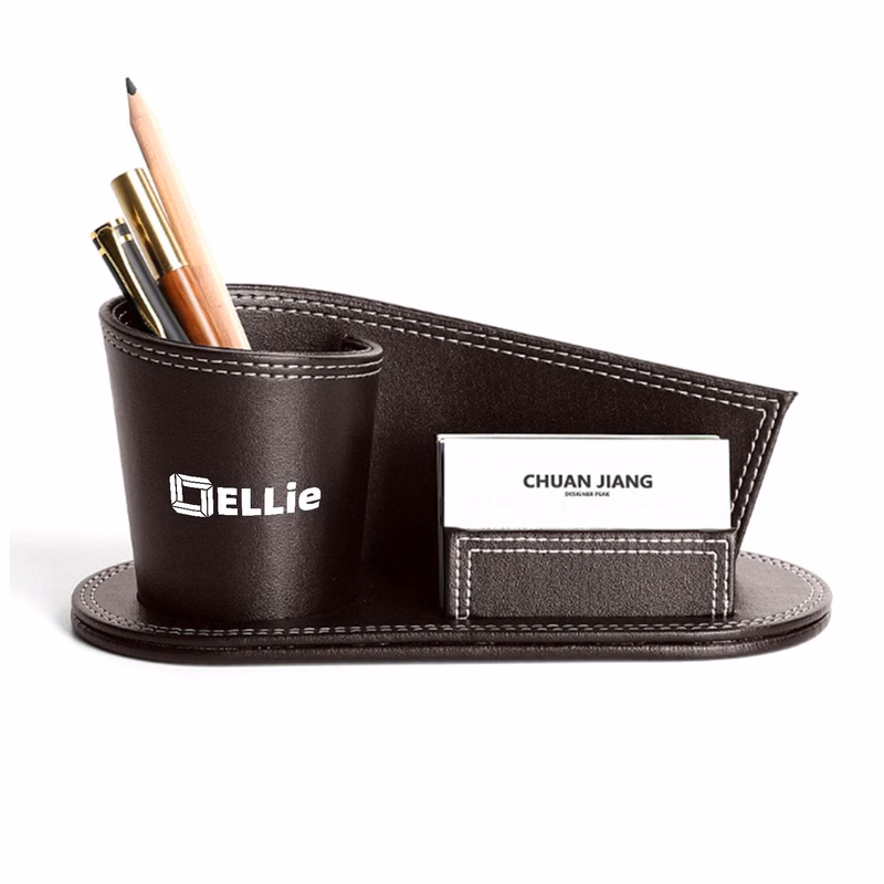 PU leather pen holder with business card storage stand