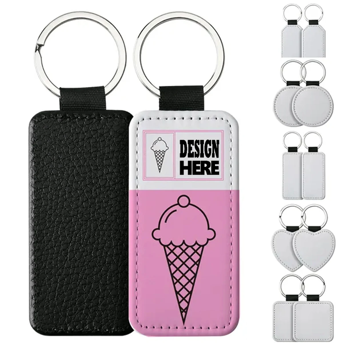 PU Leather Keychains, 5 Shapes, Full Print Area 1