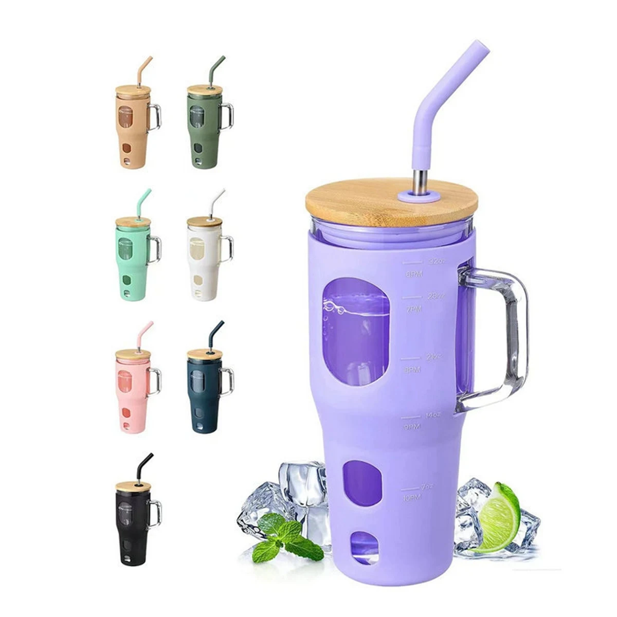 32 Oz Glass Tumbler with Straw and Bamboo Lid 1