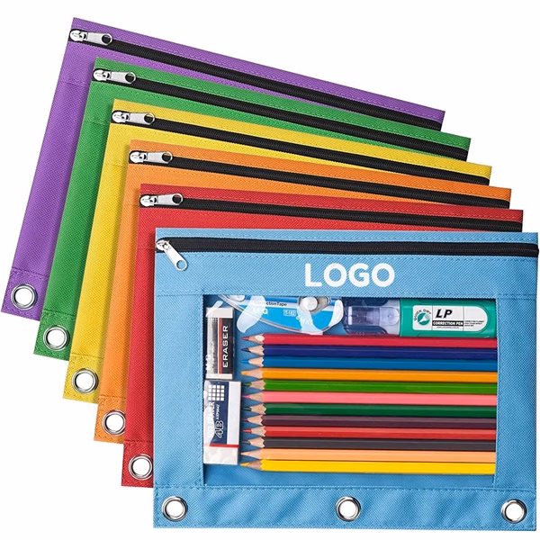 Custom 3 Ring Binder Zippered Pencil Pouch with Clear Window — Office Storage