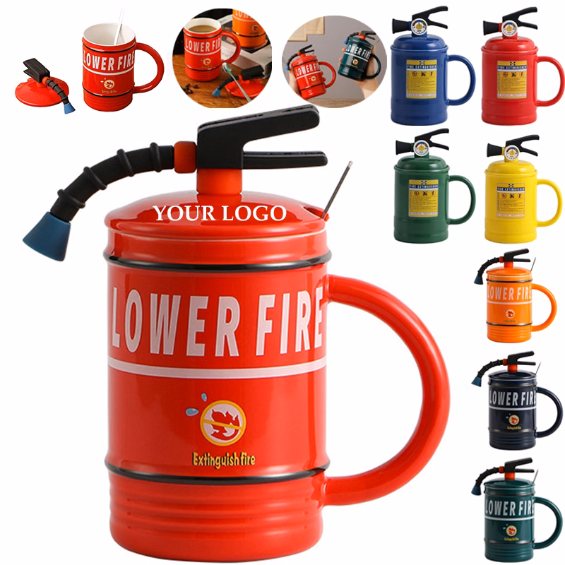 Fire Extinguisher Ceramic Mug with Lid and Spoon