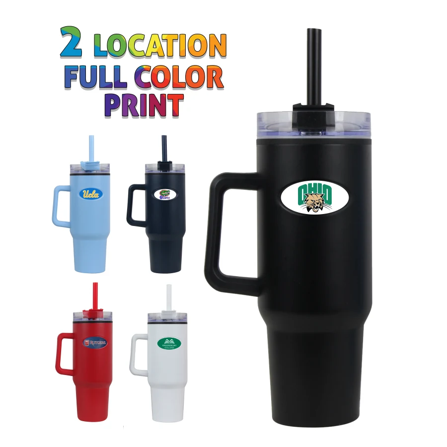 40 oz Inner Plastic Travel Mug w/ Handle and Straw - Full Color Dome 1
