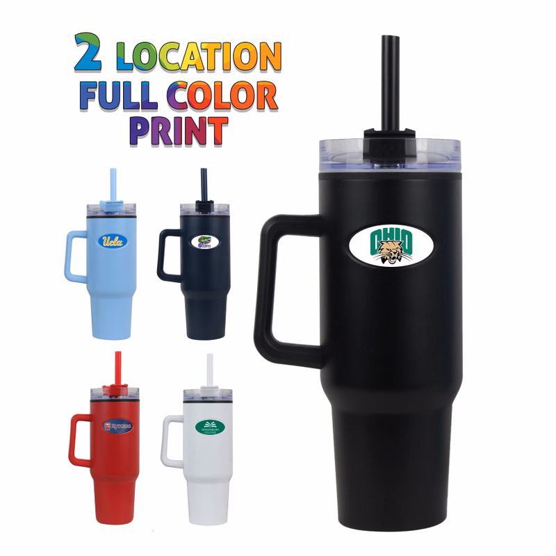 40 oz Inner Plastic Travel Mug w/ Handle and Straw - Full Color Dome
