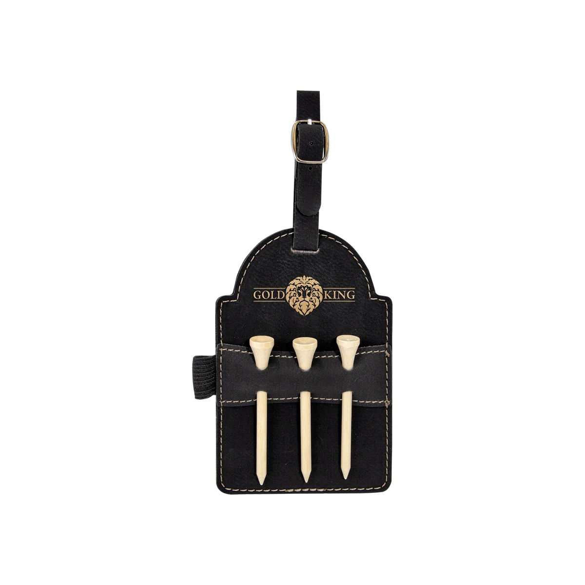 3" x 5" Black/Gold Leatherette Golf Bag Tag w/ 3 Wooden Tees 1