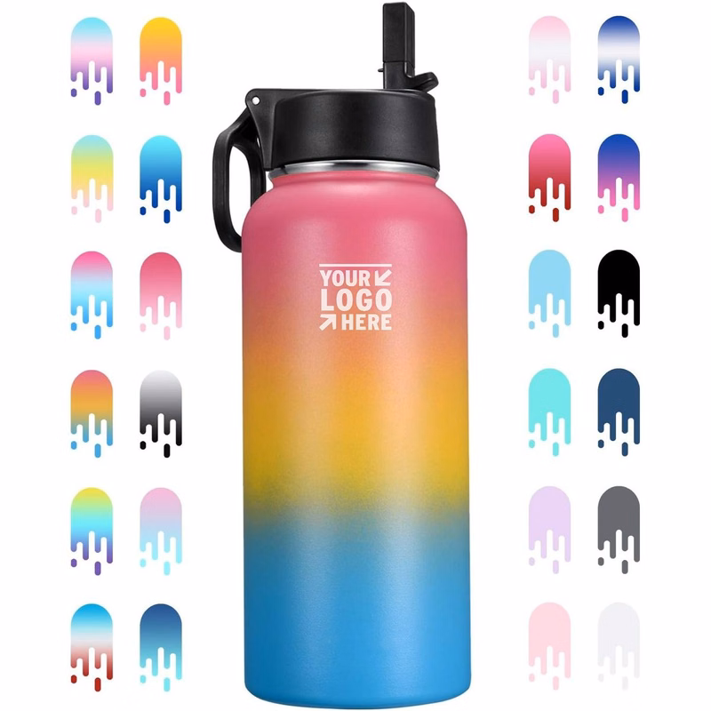 Colorful 32 oz Vacuum Insulated Stainless Steel Water Bottle with Straw Lid and Flex Cap
