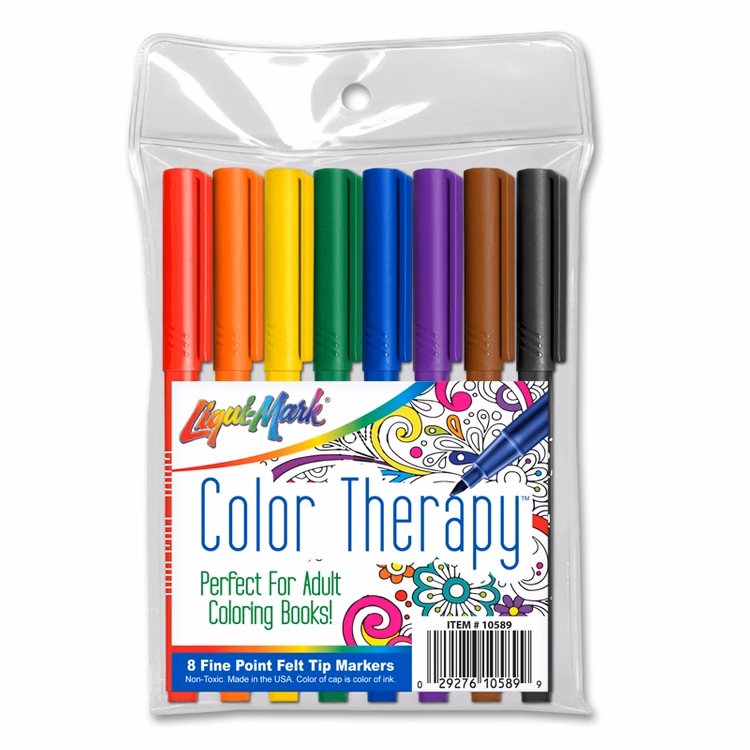 8 Pack Color Therapy Fine Felt Tip Adult Coloring Markers - Classic Colors